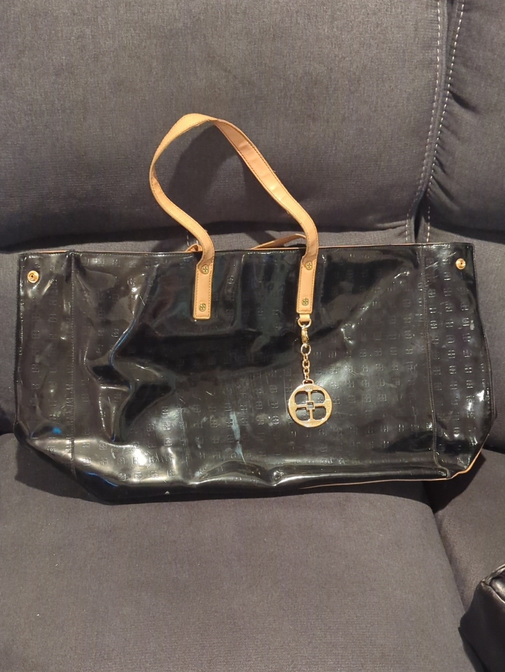 IMAN Black Patent Tote with Tan Handles and Gold Charm